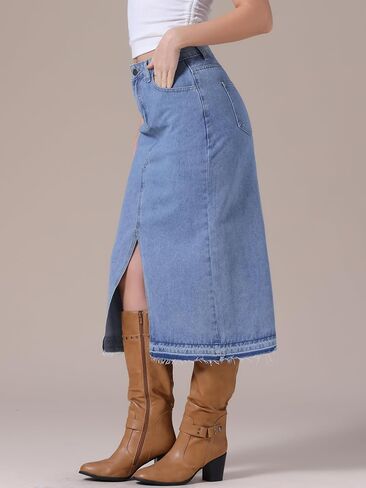 Women's Denim Skirt High Waist Front Slit Raw Trim Hem Pencil Skirt with Pockets Midi Jean Skirts in Kuwait