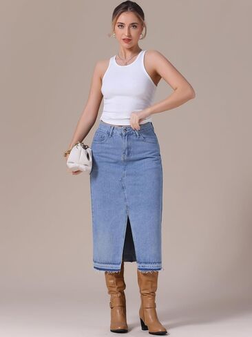 Women's Denim Skirt High Waist Front Slit Raw Trim Hem Pencil Skirt with Pockets Midi Jean Skirts in Kuwait