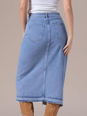Women's Denim Skirt High Waist Front Slit Raw Trim Hem Pencil Skirt with Pockets Midi Jean Skirts in Kuwait