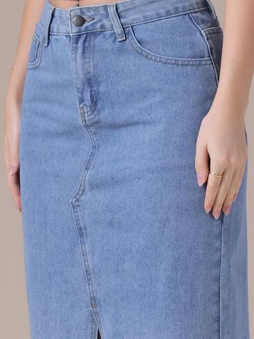 Women's Denim Skirt High Waist Front Slit Raw Trim Hem Pencil Skirt with Pockets Midi Jean Skirts in Kuwait
