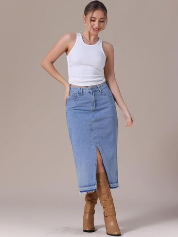 Women's Denim Skirt High Waist Front Slit Raw Trim Hem Pencil Skirt with Pockets Midi Jean Skirts in Kuwait