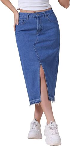 Women's Denim Skirt High Waist Front Slit Raw Trim Hem Pencil Skirt with Pockets Midi Jean Skirts in Kuwait