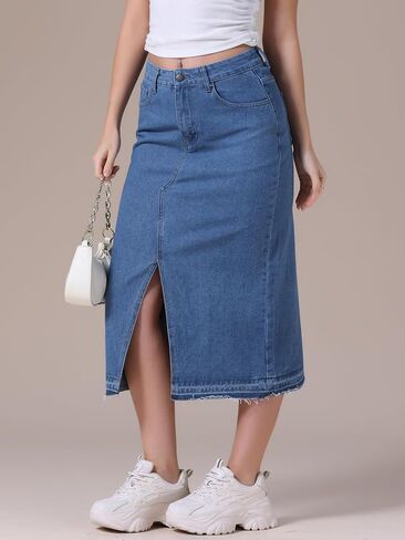 Women's Denim Skirt High Waist Front Slit Raw Trim Hem Pencil Skirt with Pockets Midi Jean Skirts in Kuwait
