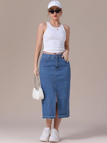 Women's Denim Skirt High Waist Front Slit Raw Trim Hem Pencil Skirt with Pockets Midi Jean Skirts in Kuwait