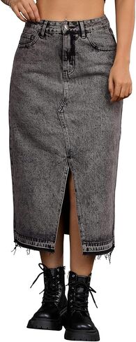 Women's Denim Skirt High Waist Front Slit Raw Trim Hem Pencil Skirt with Pockets Midi Jean Skirts in Kuwait