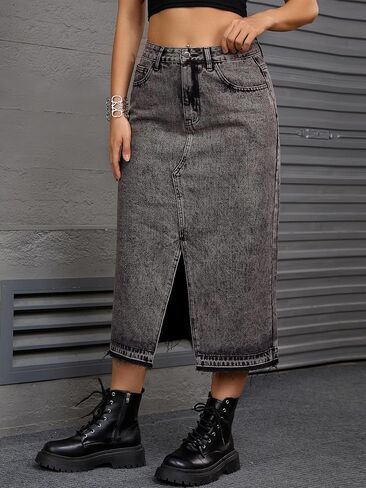 Women's Denim Skirt High Waist Front Slit Raw Trim Hem Pencil Skirt with Pockets Midi Jean Skirts in Kuwait
