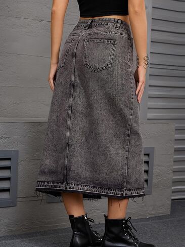 Women's Denim Skirt High Waist Front Slit Raw Trim Hem Pencil Skirt with Pockets Midi Jean Skirts in Kuwait
