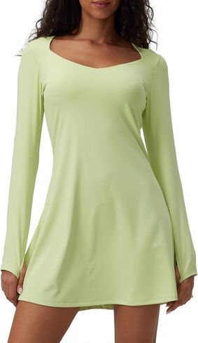 Diamond Neck One-Piece Long-Sleeved Tennis Dress with Built-in Bra Waist-Tightening Mini Sports Dress in Saudi Arabia