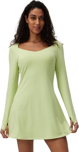 Diamond Neck One-Piece Long-Sleeved Tennis Dress with Built-in Bra Waist-Tightening Mini Sports Dress in Saudi Arabia