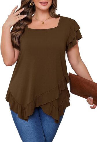 Beauhuty Womens Plus Size Shirts Square Neck Tops Ruffled Hem Tunic Casual Flowy Dressy Blouses Ruffle Short Sleeves Summer in Kuwait