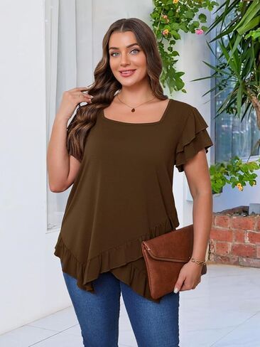 Beauhuty Womens Plus Size Shirts Square Neck Tops Ruffled Hem Tunic Casual Flowy Dressy Blouses Ruffle Short Sleeves Summer in Kuwait