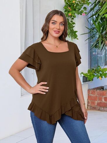 Beauhuty Womens Plus Size Shirts Square Neck Tops Ruffled Hem Tunic Casual Flowy Dressy Blouses Ruffle Short Sleeves Summer in Kuwait
