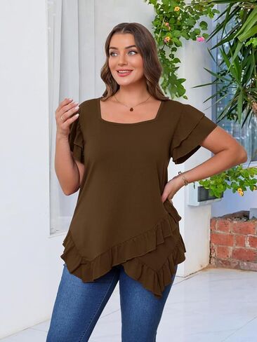 Beauhuty Womens Plus Size Shirts Square Neck Tops Ruffled Hem Tunic Casual Flowy Dressy Blouses Ruffle Short Sleeves Summer in Kuwait