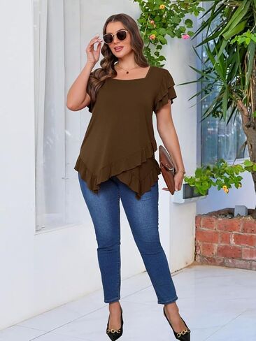 Beauhuty Womens Plus Size Shirts Square Neck Tops Ruffled Hem Tunic Casual Flowy Dressy Blouses Ruffle Short Sleeves Summer in Kuwait