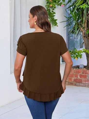 Beauhuty Womens Plus Size Shirts Square Neck Tops Ruffled Hem Tunic Casual Flowy Dressy Blouses Ruffle Short Sleeves Summer in Kuwait