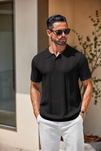 COOFANDY Mens Knit Polo Shirts Short Sleeve Button Down Shirt Cuban Guayabera Textured Summer Beach Shirts in Saudi Arabia