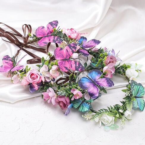 Purple Butterfly Flower Crown - Forest Fairy Floral Headpiece Handmade Woodland Elf Headband for Women Girls Maternity Renaissance Renfaire Accessory Halloween Costume Cosplay Headdress in Kuwait