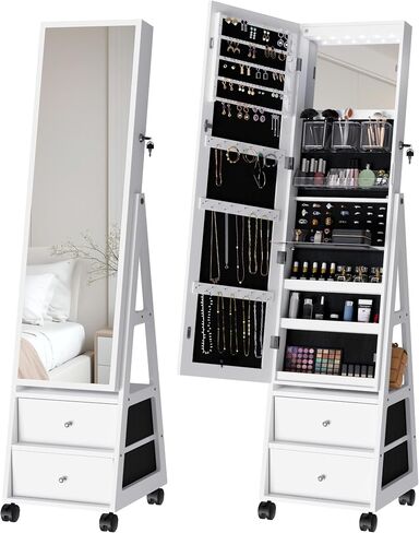 YESHOMY Jewelry Cabinet with Full Length Makeup Mirror, 4 Swivel Wheels, 2 Drawers, Lockable Cosmetics Storage Armoire, White in Saudi Arabia