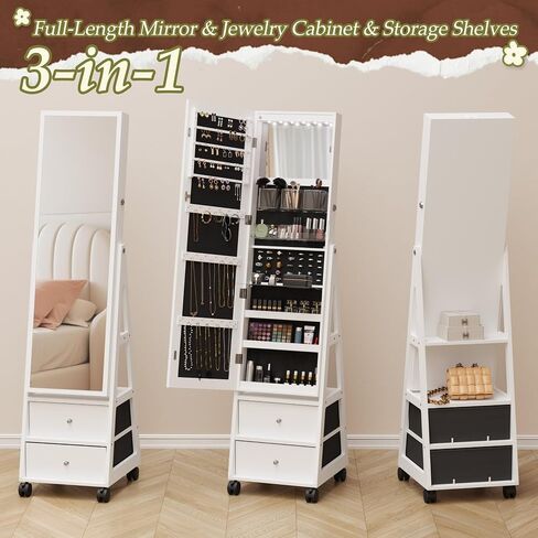 YESHOMY Jewelry Cabinet with Full Length Makeup Mirror, 4 Swivel Wheels, 2 Drawers, Lockable Cosmetics Storage Armoire, White in Saudi Arabia