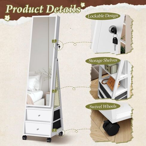 YESHOMY Jewelry Cabinet with Full Length Makeup Mirror, 4 Swivel Wheels, 2 Drawers, Lockable Cosmetics Storage Armoire, White in Saudi Arabia