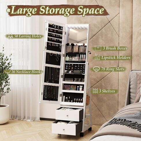 YESHOMY Jewelry Cabinet with Full Length Makeup Mirror, 4 Swivel Wheels, 2 Drawers, Lockable Cosmetics Storage Armoire, White in Saudi Arabia