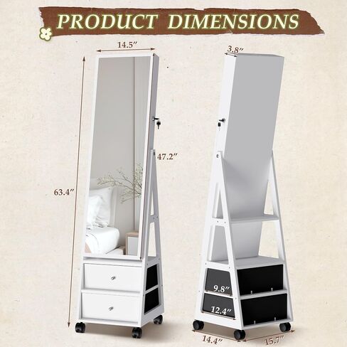 YESHOMY Jewelry Cabinet with Full Length Makeup Mirror, 4 Swivel Wheels, 2 Drawers, Lockable Cosmetics Storage Armoire, White in Saudi Arabia