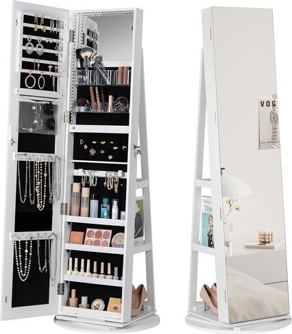 YESHOMY Jewelry Cabinet with Full Length Makeup Mirror, 4 Swivel Wheels, 2 Drawers, Lockable Cosmetics Storage Armoire, White in Saudi Arabia