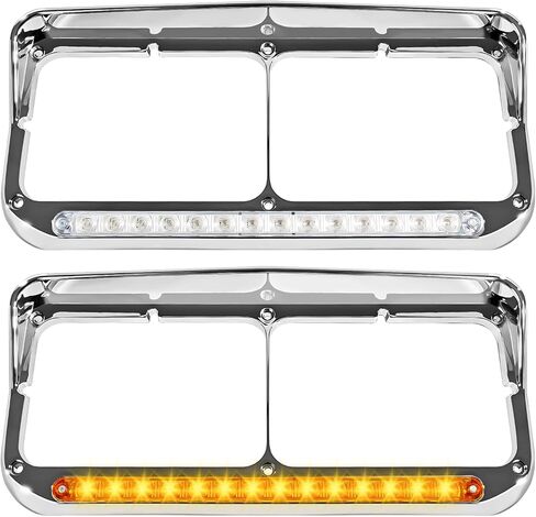 2x 4x6 Headlight Bezel with 12" Clear Lens LED Amber Light, Chrome Housing Replacement for Kenworth T800/T600/T400, Peterbilt 379/378, Freightliner FLD & Classic XL Semi Trucks DOT Compliant in Saudi Arabia