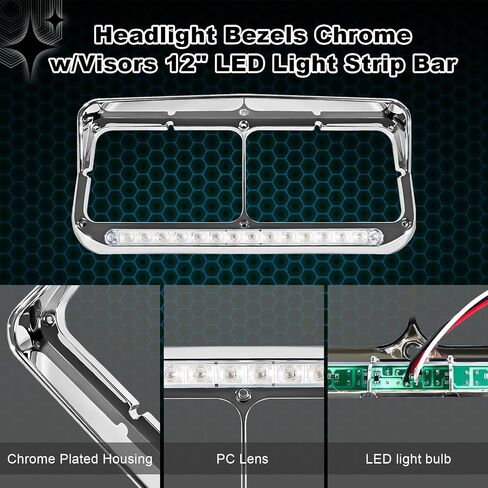 2x 4x6 Headlight Bezel with 12" Clear Lens LED Amber Light, Chrome Housing Replacement for Kenworth T800/T600/T400, Peterbilt 379/378, Freightliner FLD & Classic XL Semi Trucks DOT Compliant in Saudi Arabia