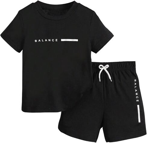 Boy's 2 Piece Outfits Short Sleeve Crew Neck Letter Graphic Tee Shirt and Drawstring Waist Shorts Set in Saudi Arabia