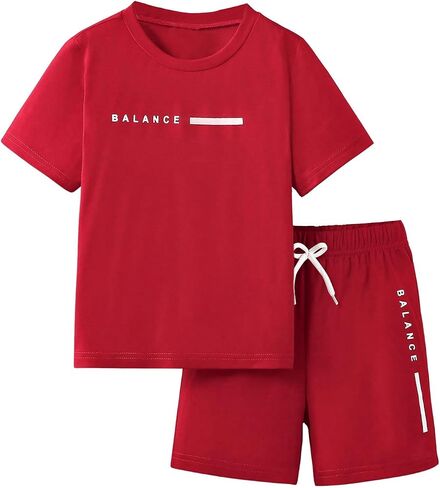 Boy's 2 Piece Outfits Short Sleeve Crew Neck Letter Graphic Tee Shirt and Drawstring Waist Shorts Set in Saudi Arabia
