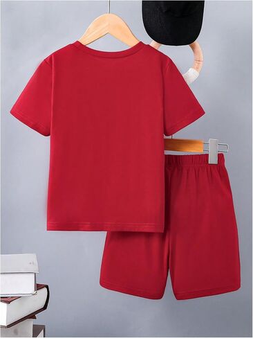 Boy's 2 Piece Outfits Short Sleeve Crew Neck Letter Graphic Tee Shirt and Drawstring Waist Shorts Set in Saudi Arabia
