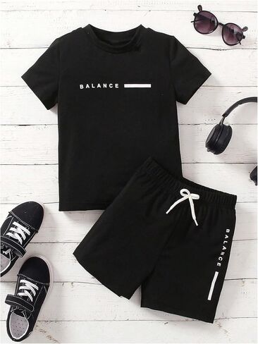 Boy's 2 Piece Outfits Short Sleeve Crew Neck Letter Graphic Tee Shirt and Drawstring Waist Shorts Set in Saudi Arabia