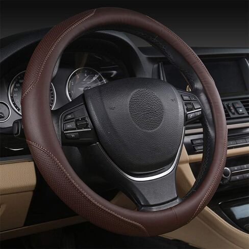 Leather Steering Wheel Cover,Durable,Breathable,Anti-Slip Comfortable Universal 38cm/15 Inches for Car Truck SUV Jeep (Coffee-Black) in Saudi Arabia