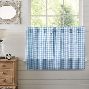 VHC Brands Annie Blue Buffalo Check Farmhouse Tier Kitchen Curtain Set 36x36