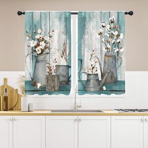 تيل المطبخ ستائر 27.5W × 39L بوصة صغيرة مصغرة مزرعة ريفي زهرية الأزهار الفيروزية المائية القضيب الخشبي جيب الستار القصير لجراج مقهى الستائر معالجة النسيج 2 لوحات