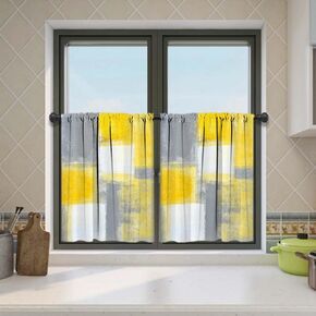 MCALK Grey and Yellow Kitchen Curtains Tiers 2 Piece for Windows Grey White Kitchen Window Curtains Set,Modern Abstract Art Valances for Living Room(24" Tiers Set)