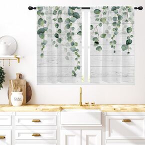 Coxila Plant Kitchen Window Curtains 27.5 x 39 Inch Small Short Mini Cafe Rod Pocket Barn Door Eucalyptus Leaves Botanical Living Bedroom Room Home Treatment Set of 2 Curtain Panels Drapes Tiers