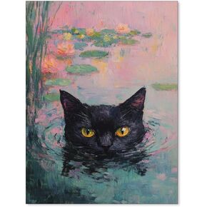 Heltrappe Water Lily Black Cat Canvas Pintage Cute Animal Wall Art Articic Floral Photos Forts for Living Room Bedroom Decor