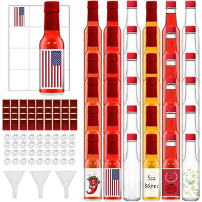 Glass Bottle, Hot Sauce Bottles Empty 5 Oz 36 sets with Shrink Capsules, Printable bottle labels, mini liquor bottles, Small glass bottles sauce bottle mini wine bottles with lids (red)
