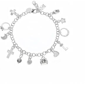 S925 Silver Thirteen Charms Bracelet for Women，Star Key Heart Cross Moon and Cubic Zircon Lock Pendant，Waterproof Dazzling Charms for Every Occasion