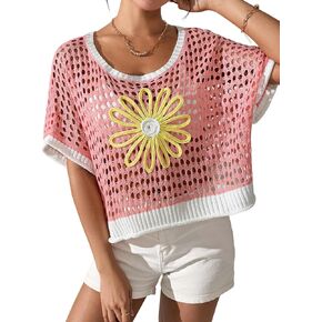 OCSTRADE Crochet Tops Beach Coverup for Women Cute Flower Hollow Out Half Sleeve Y2K Knit Sweater 2025 Summer Vacation Outfit