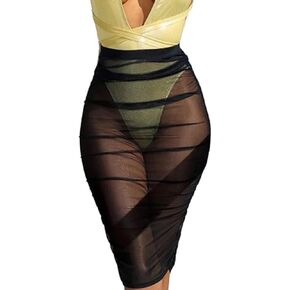 Women Sexy See-Through Maxi Swimsuit Skirt Sheer Chiffon Skinny Sarong Bikini Cover up