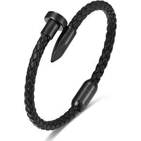 Men's Braided Leather Bracelet with Black Stainless Steel Nail Ornament, Slim Leather Bangle Bracelet for Men and or Women, Minimalist and Urban Style Unisex