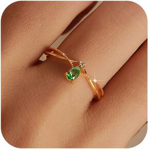 925 Sterling Silver Birthstone Ring for Women Non Tarnish Stackable Ring 14K Gold Plated Pear Teardrop Green Cubic Zirconia Crown V Engagement Promise Wedding Graduation Jewelry Gift for Her