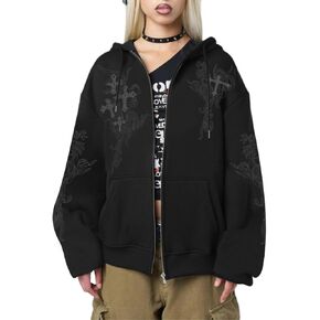 قوطية zip up hoodie women grunge cross graphic jacket y2k heathetic zipper hoodies vintage harajuku sweatshirt spinshirt