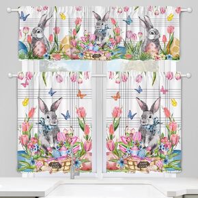 Easter Kitchen Curtains 3 Piece Set Decor, Farmhouse Easter Decoration for The Home Indoor, Bunny Kitchen Curtain and Valances Set 36'' Tulip Short Window Curtain Over Sink Window Decor