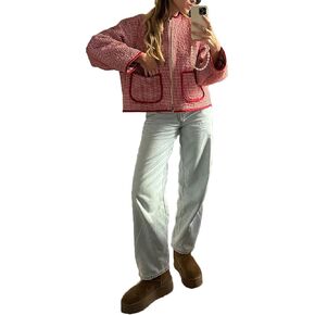 SOLILOQUY Women's Cropped Quilted Jacket Long Sleeve Zip Up Gingham Printed LightWeight Puffer Coat Cardigan in Kuwait