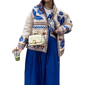 Eisctnd Women's Cropped Puffer Quilted Jacket Cardigan Floral Printed Lightweight Long Sleeve Short Padded Coats