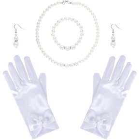 4 Pcs Satin Dress Gloves Pearl Necklace Sets Little Girls First Communion Tea Party Gloves for Wedding Party Halloween Costume Princess Cosplay
